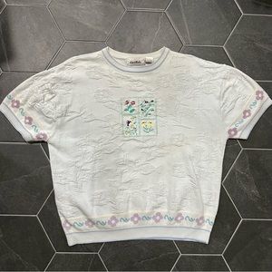 VTG 80s 90s Light Blue Floral Bird Knit Short Sleeve Sweater Tee